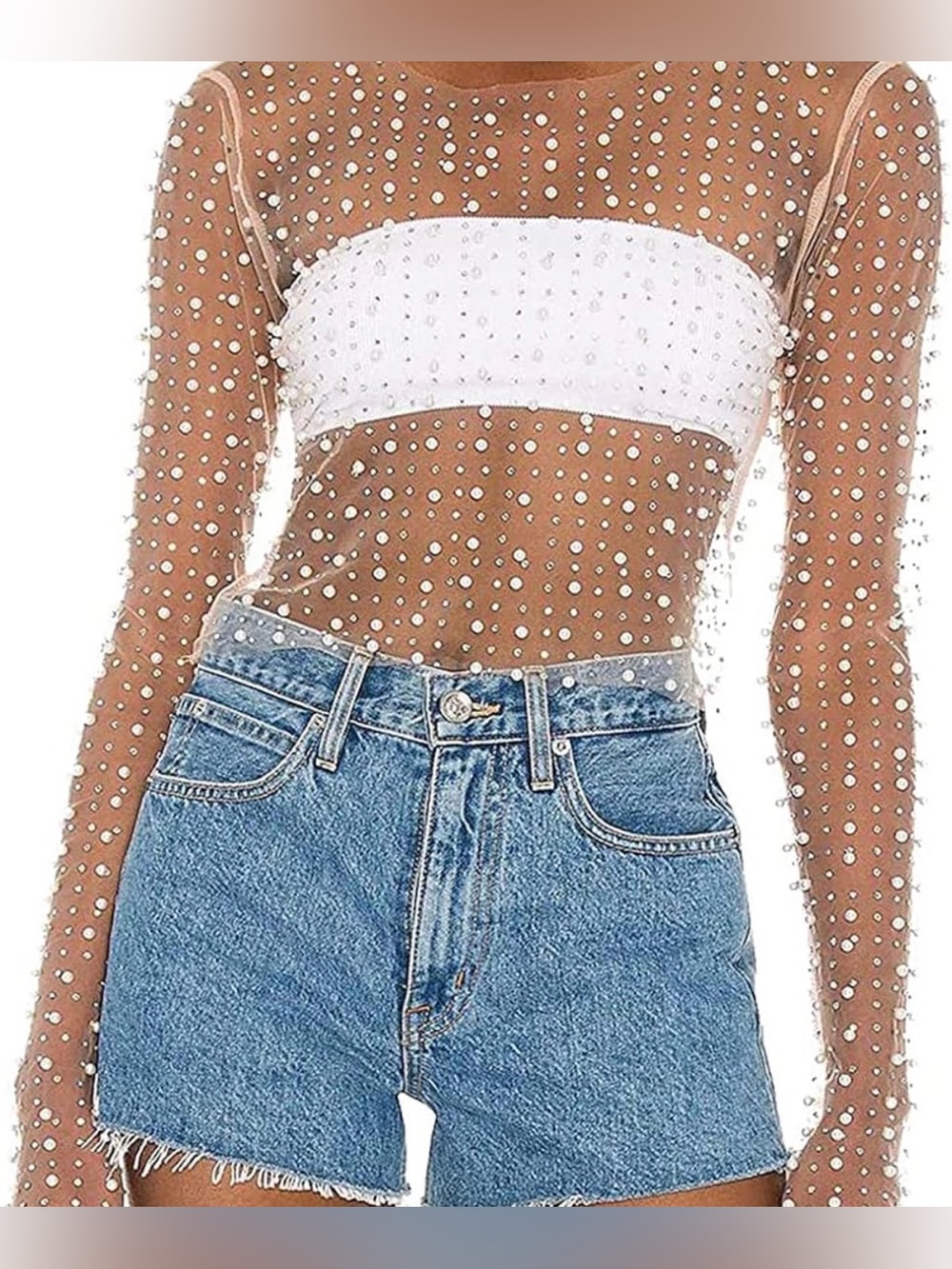 Sheer Beaded Long Sleeve Top